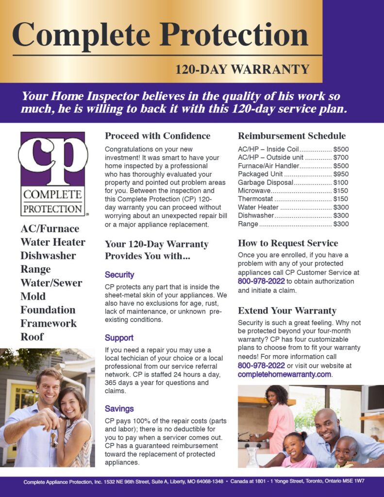 Complete Protection 120 Day Warranty flyer, page 1: what the warranty provides and the reimbursement schedule