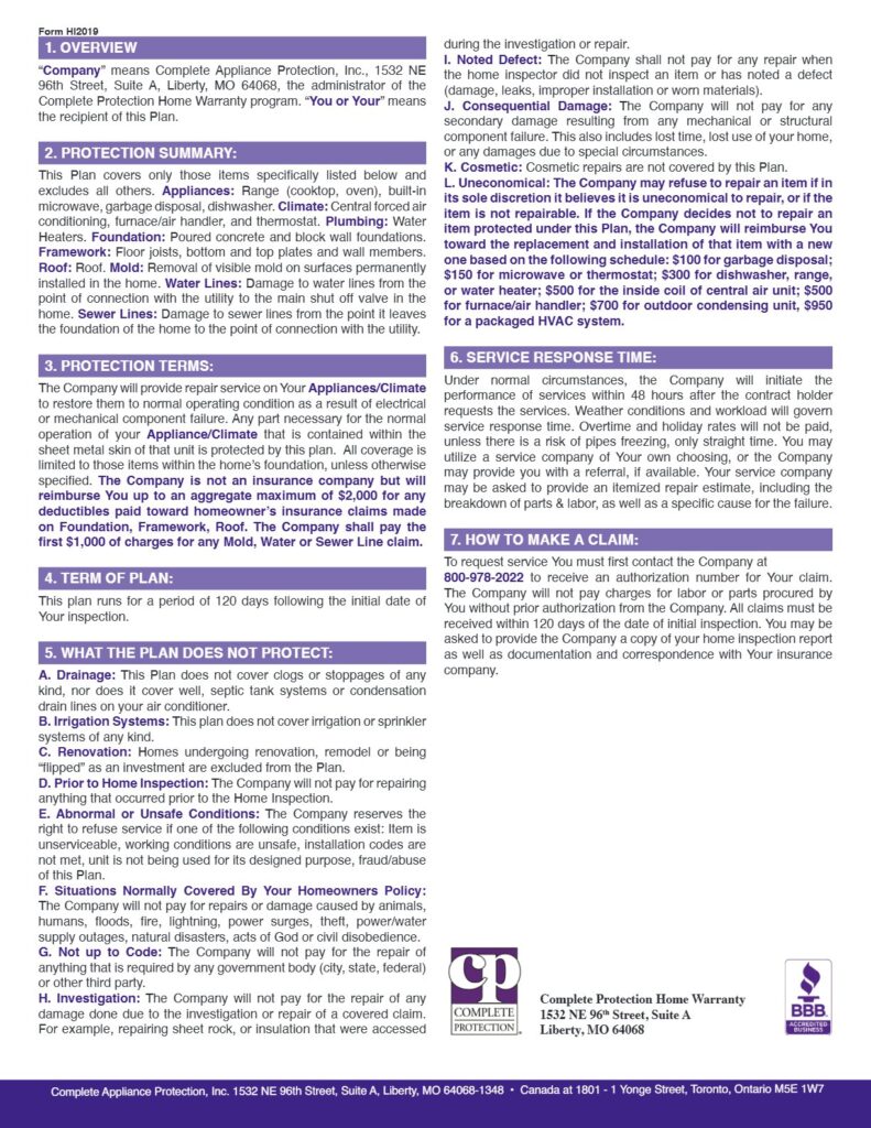 Complete Protection 120 Day Warranty terms and conditions, page 2